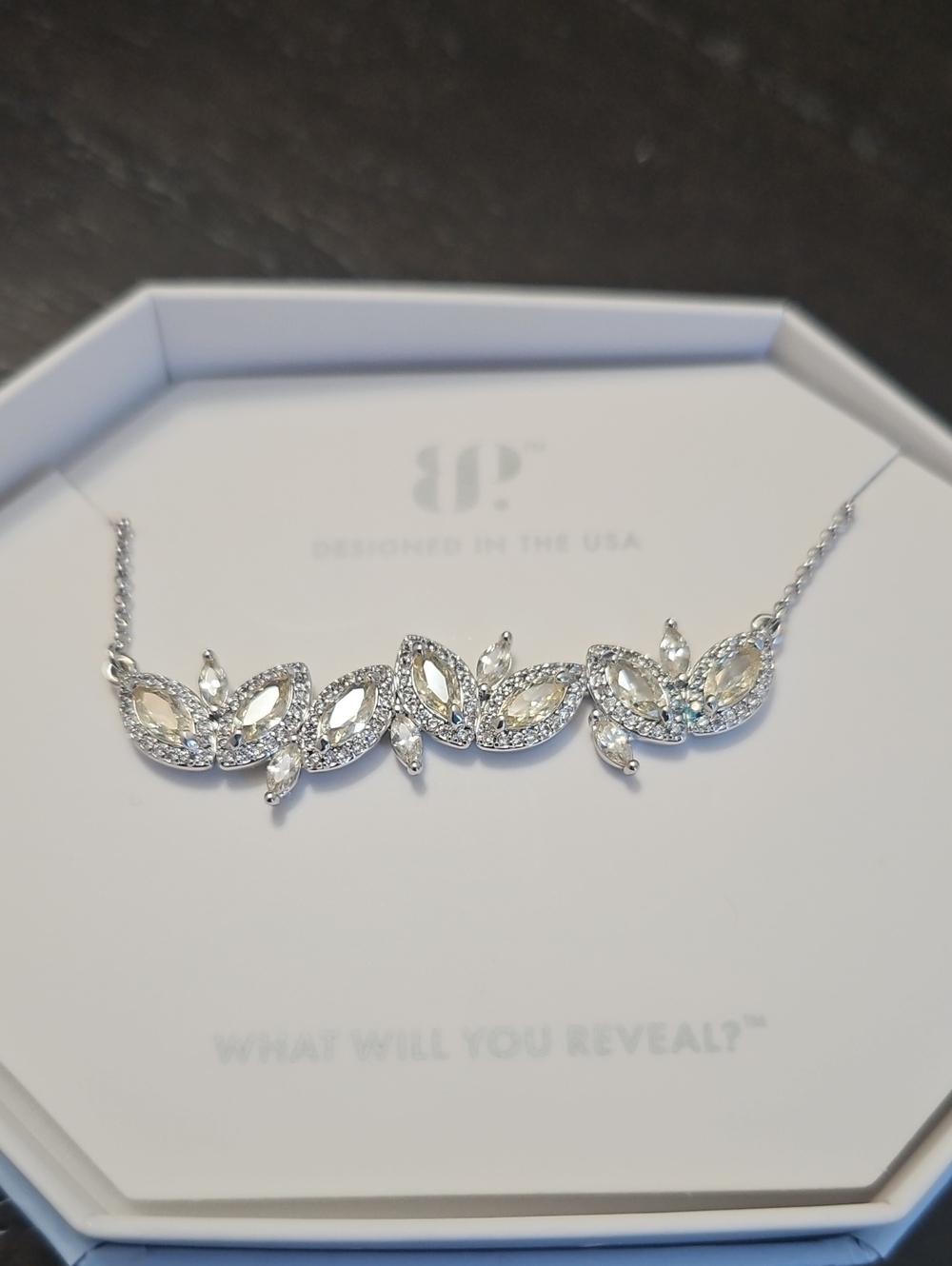 Silver Marquise Crystal Leaf Necklace - Lemon Cubic Zirconia